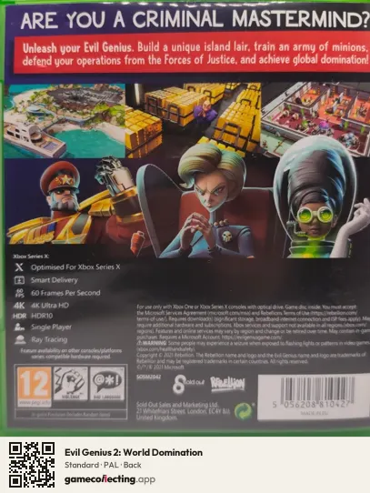 Evil Genius 2: World Domination Xbox Series X, PAL box back