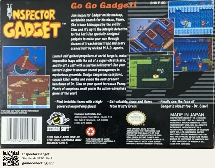 Inspector Gadget Super Nintendo Entertainment System, NTSC box back