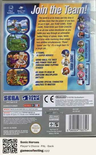 Sonic Heroes Nintendo GameCube, PAL box back