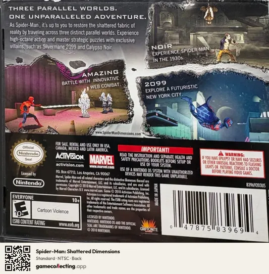 Spider-Man: Shattered Dimensions Nintendo DS, NTSC box back
