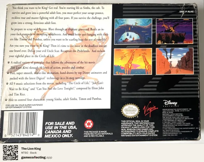 The Lion King Super Nintendo Entertainment System, NTSC box back