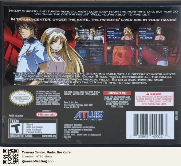 Trauma Center: Under the Knife Nintendo DS, NTSC box back