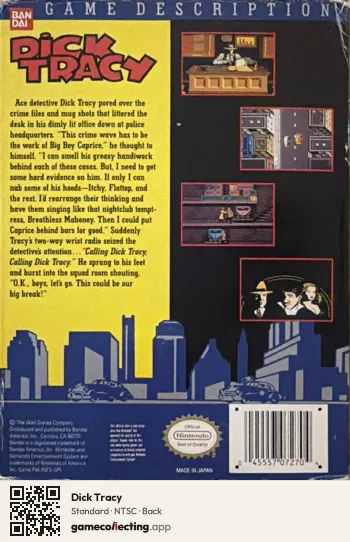 Dick Tracy Nintendo Entertainment System, NTSC box back