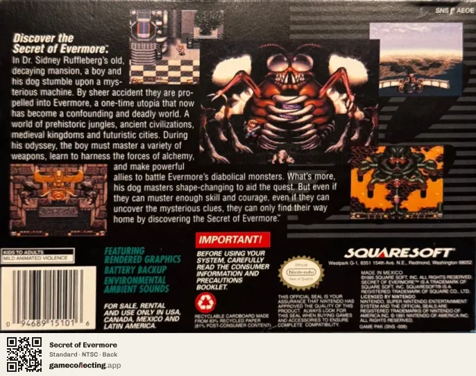 Secret of Evermore Super Nintendo Entertainment System, NTSC box back