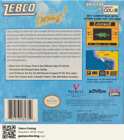Zebco Fishing Game Boy Color, NTSC box back