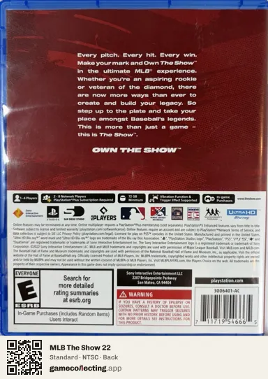 MLB The Show 22 PlayStation 5, NTSC box back
