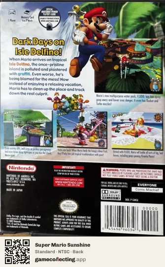 Super Mario Sunshine Nintendo GameCube, NTSC box back