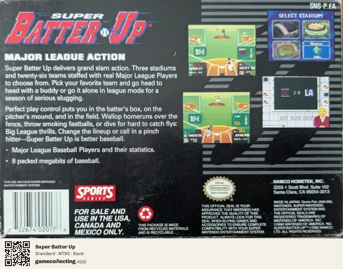 Super Batter Up Super Nintendo Entertainment System, NTSC box back