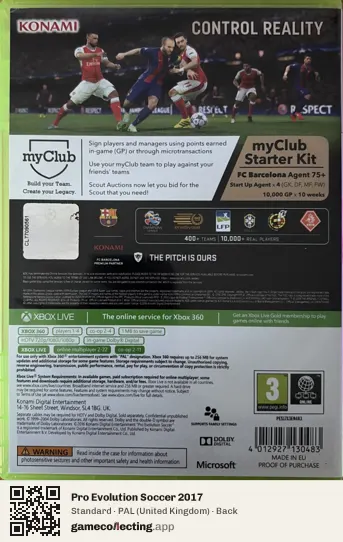Pro Evolution Soccer 2017 Xbox 360, United Kingdom box back