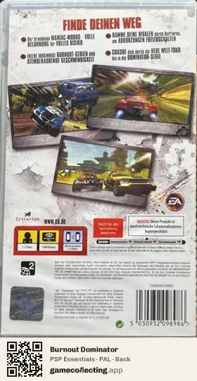 Burnout Dominator PlayStation Portable, PAL box back