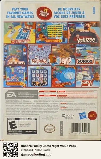 Hasbro Family Game Night Value Pack Nintendo Wii, NTSC box back