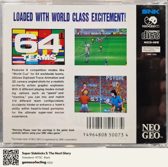 Super Sidekicks 3: The Next Glory Neo Geo CD, NTSC box back