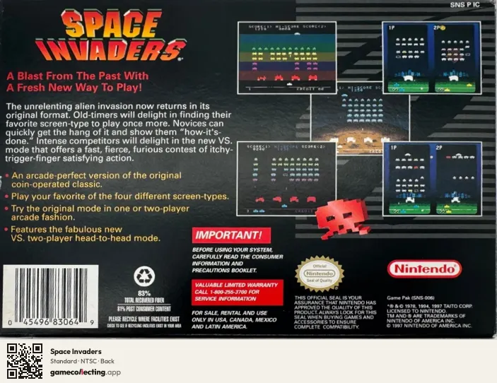 Space Invaders Super Nintendo Entertainment System, NTSC box back