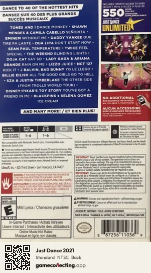 Just Dance 2021 Nintendo Switch, NTSC box back