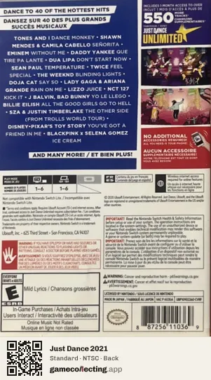 Just Dance 2021 Nintendo Switch, NTSC box back