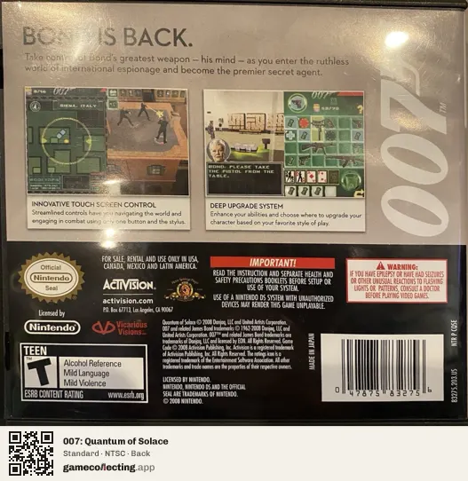 007: Quantum of Solace Nintendo DS, NTSC box back