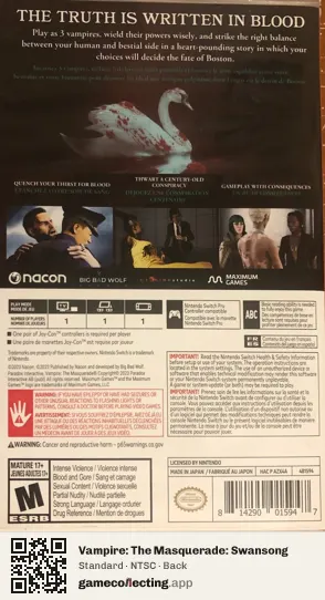 Vampire: The Masquerade: Swansong Nintendo Switch, NTSC box back