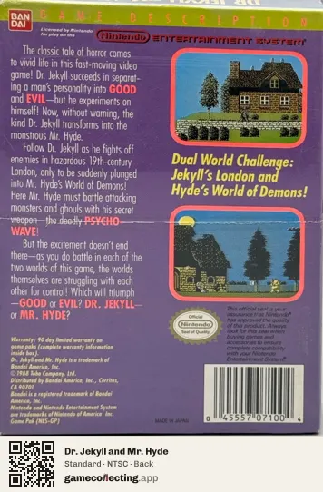Dr. Jekyll and Mr. Hyde Nintendo Entertainment System, NTSC box back