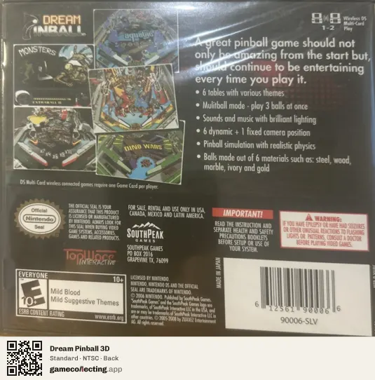Dream Pinball 3D Nintendo DS, NTSC box back
