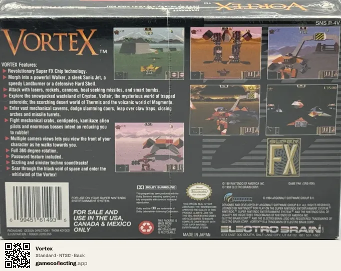 Vortex Super Nintendo Entertainment System, NTSC box back