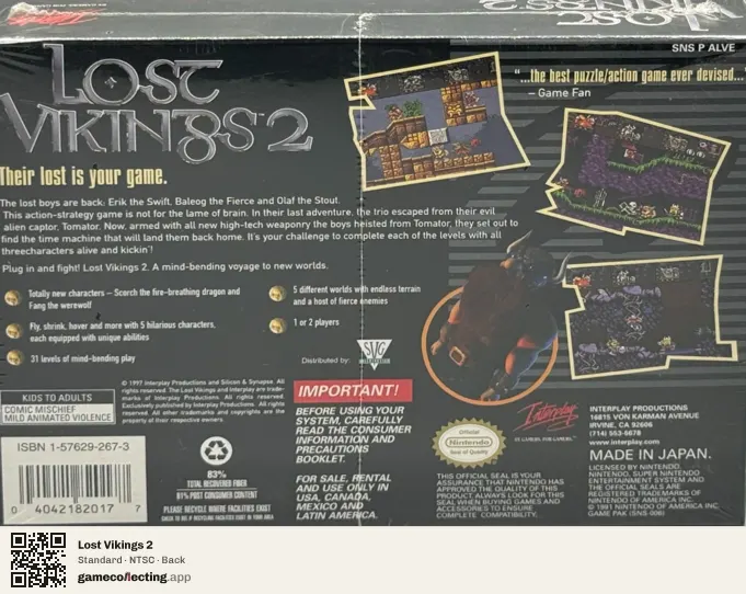 Lost Vikings 2 Super Nintendo Entertainment System, NTSC box back