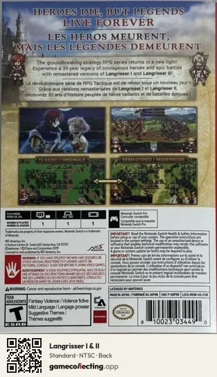 Langrisser I & II Nintendo Switch, NTSC box back