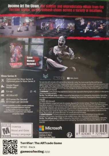 Terrifier: The ARTcade Game Xbox Series X, NTSC box back