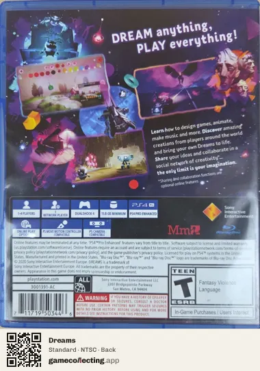 Dreams PlayStation 4, NTSC box back
