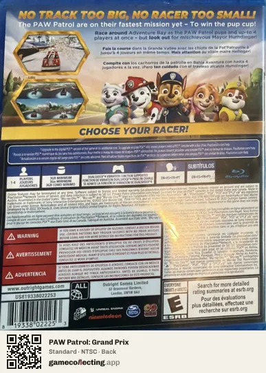 PAW Patrol: Grand Prix PlayStation 4, NTSC box back