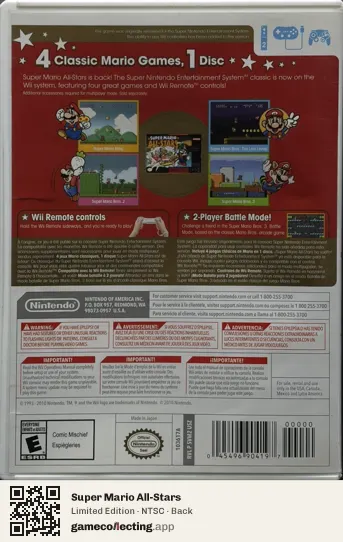 Super Mario All-Stars Nintendo Wii, NTSC box back