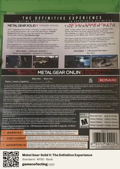 Metal Gear Solid V: The Definitive Experience Xbox One, NTSC box back