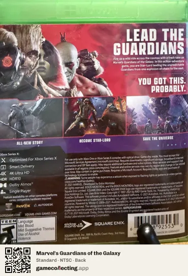 Marvel's Guardians of the Galaxy Xbox Series X, NTSC box back