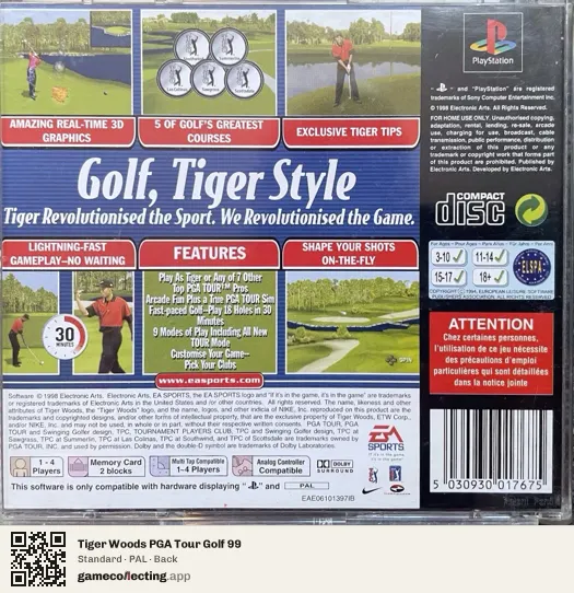 Tiger Woods PGA Tour Golf 99 PlayStation, PAL box back