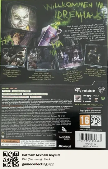 Batman: Arkham Asylum Xbox 360, Germany box back