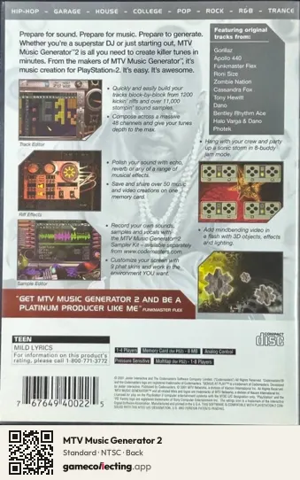 MTV Music Generator 2 PlayStation 2, NTSC box back