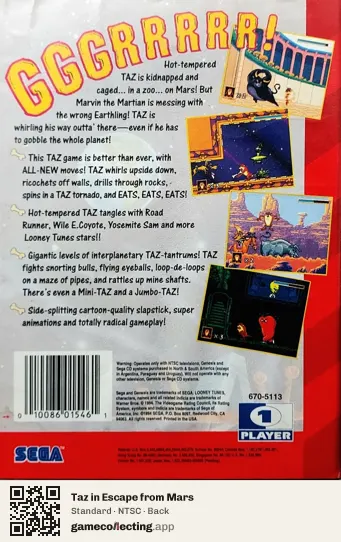 Taz in Escape from Mars Sega Mega Drive / Genesis, NTSC box back