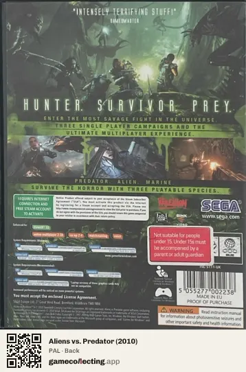 Aliens vs. Predator (2010) Computer, PAL box back