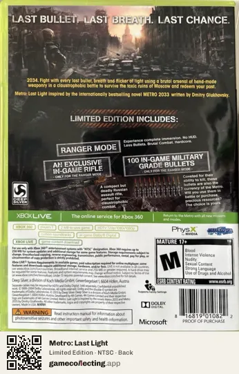 Metro: Last Light Xbox 360, NTSC box back