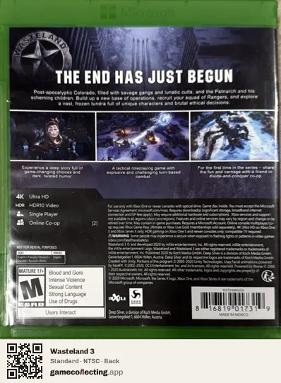 Wasteland 3 Xbox One, NTSC box back