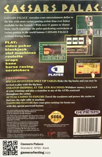 Caesars Palace Sega Mega Drive / Genesis, NTSC box back
