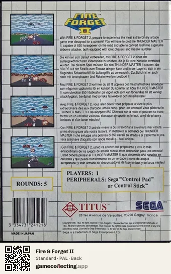 Fire & Forget II Sega Master System, PAL box back