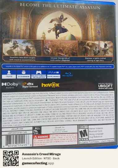 Assassin's Creed Mirage PlayStation 4, NTSC box back