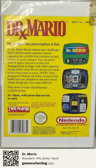 Dr. Mario Nintendo Entertainment System, Italy box back