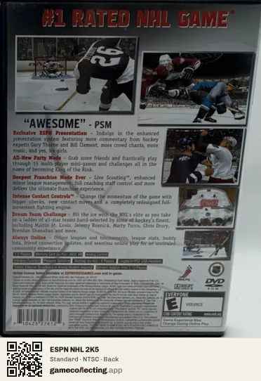 ESPN NHL 2K5 PlayStation 2, NTSC box back