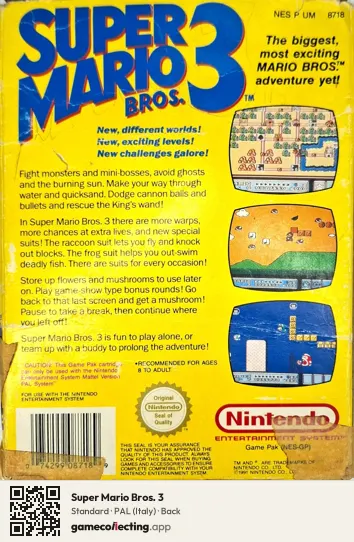 Super Mario Bros. 3 Nintendo Entertainment System, Italy box back