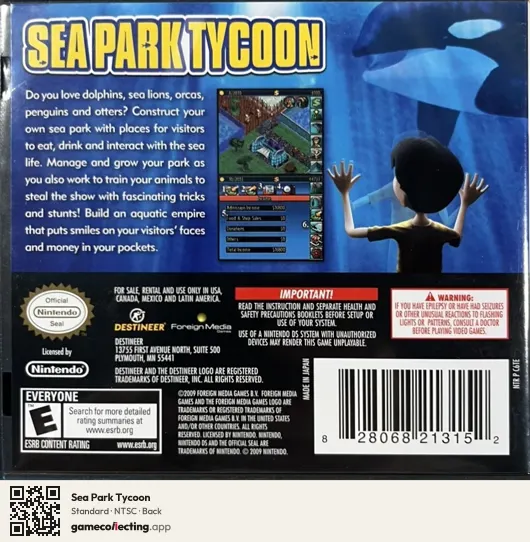 Sea Park Tycoon Nintendo DS, NTSC box back