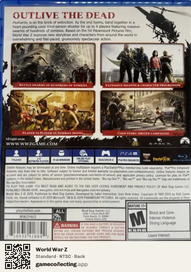 World War Z PlayStation 4, NTSC box back