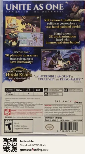 Indivisible Nintendo Switch, NTSC box back