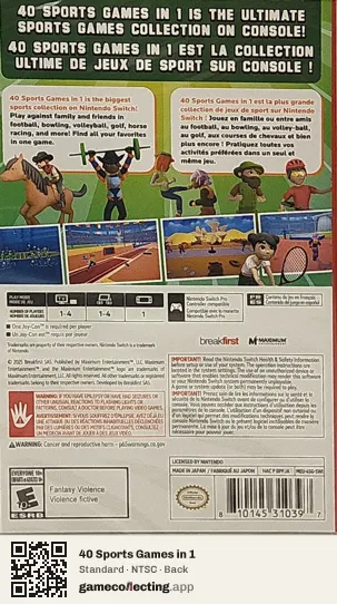 40 Sports Games in 1 Nintendo Switch, NTSC box back