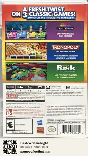 Hasbro Game Night Nintendo Switch, NTSC box back